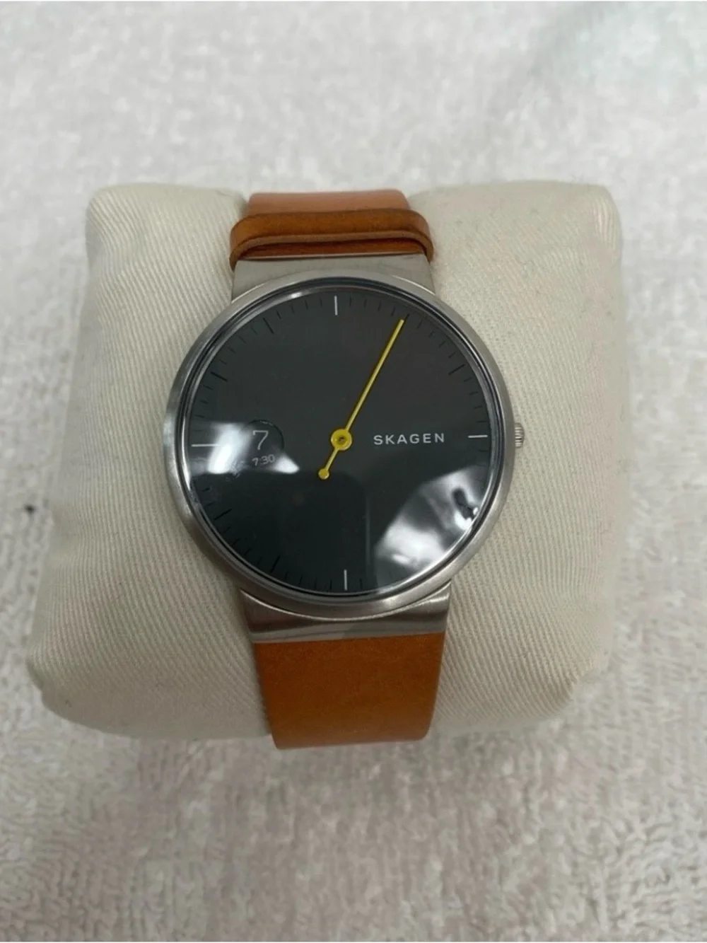 Skagen Men's Cognac Leather Ancher Gray Stainless Steel Adjustable Watch Classic